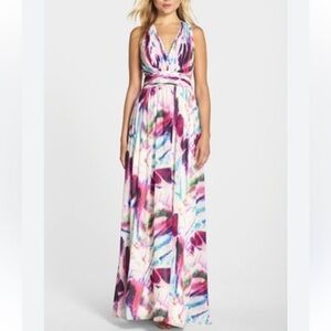 Aidan Mattox Halter Print Chiffon Open Back Gown Multicolor US 4